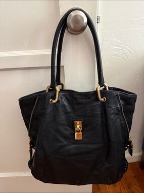Black Leather Tote Bag with Gold Hardware
